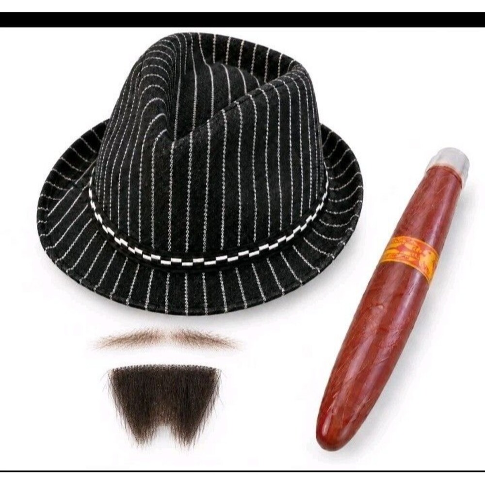Gangster Costume Props, Pin Striped Fedora, Plastic Cigar, Facial Hair